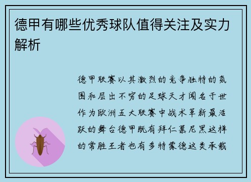 德甲有哪些优秀球队值得关注及实力解析
